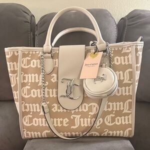 Juicy Couture Beige Logo Canvas Tote with Cream Leather Trim